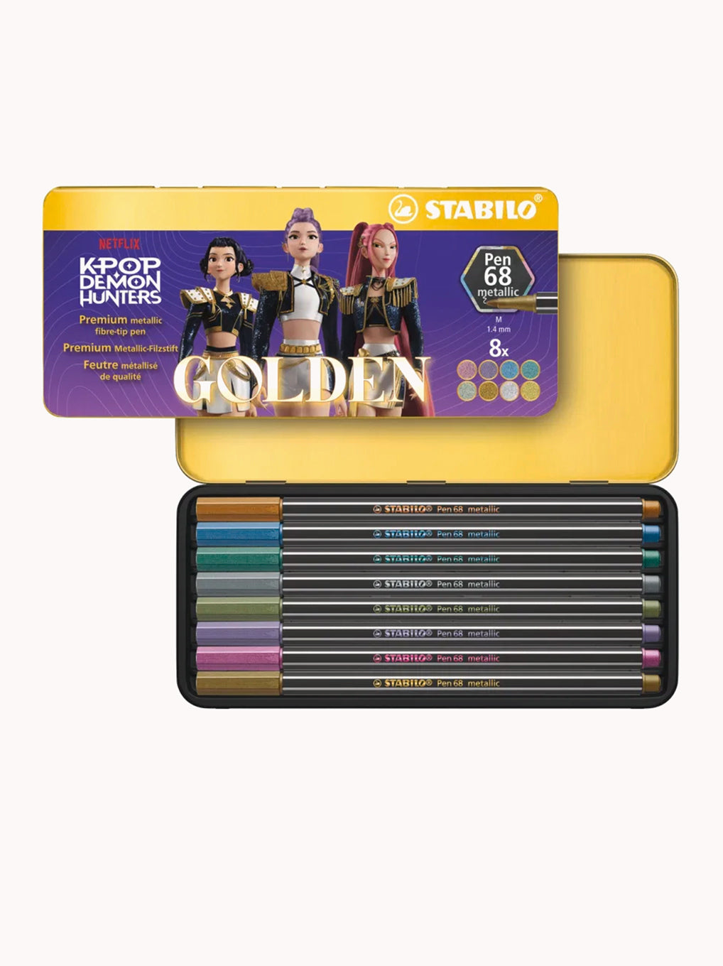 STABILO Pen 68 Metallic KPop Demon Hunters – Scatola in metallo dorato con 8 colori