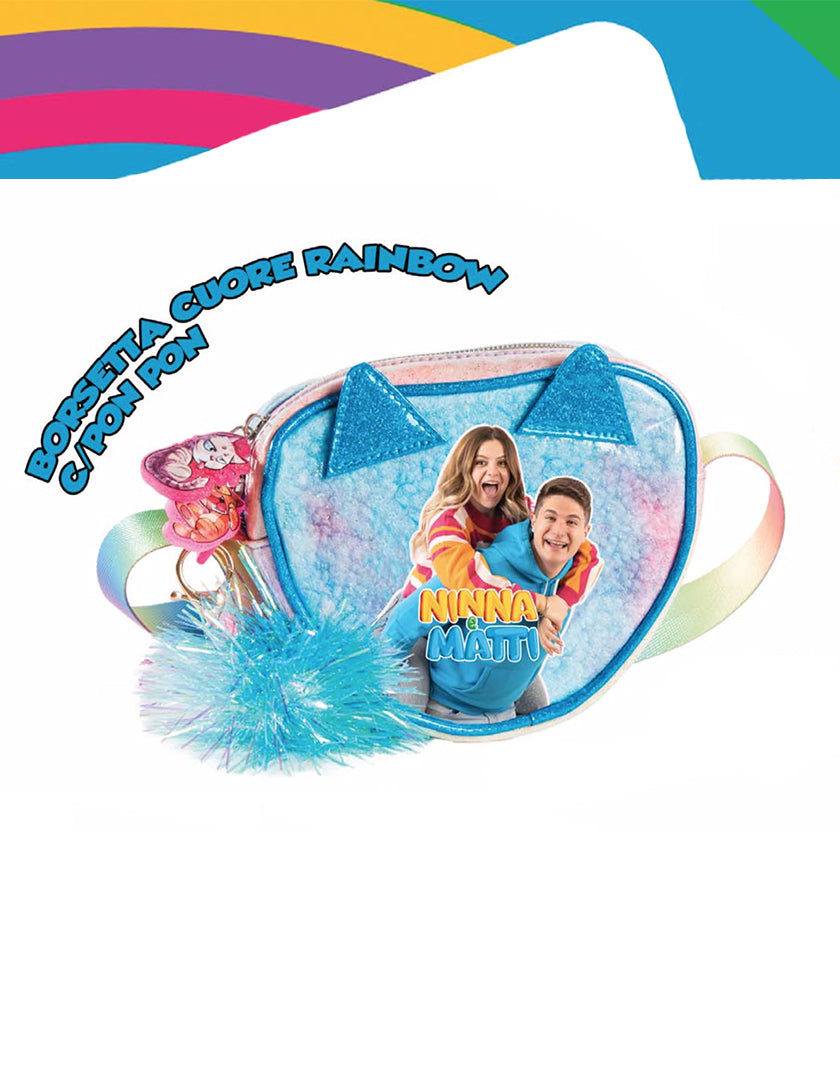 Borsetta Ninna e Matti a forma di cuore arcobaleno con pon pon