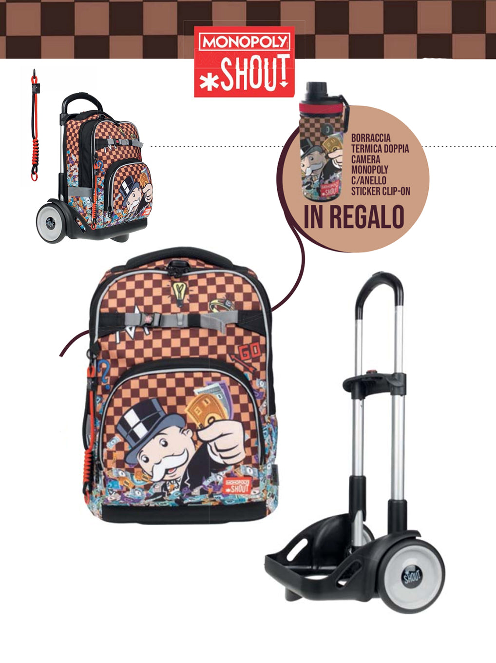 Zaino Trolley Sganciabile Monopoly Shout con Borraccia e Clip-On in Omaggio - Maricart