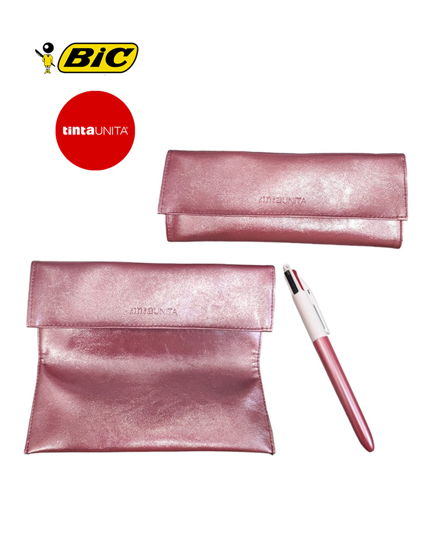 Astuccio Bustina Piatta Tinta Unita Pearl con Penna Bic 4 Colori Coordinata