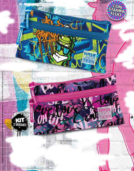 Astuccio Triangolare 2 Zip Tinta Unita Teen