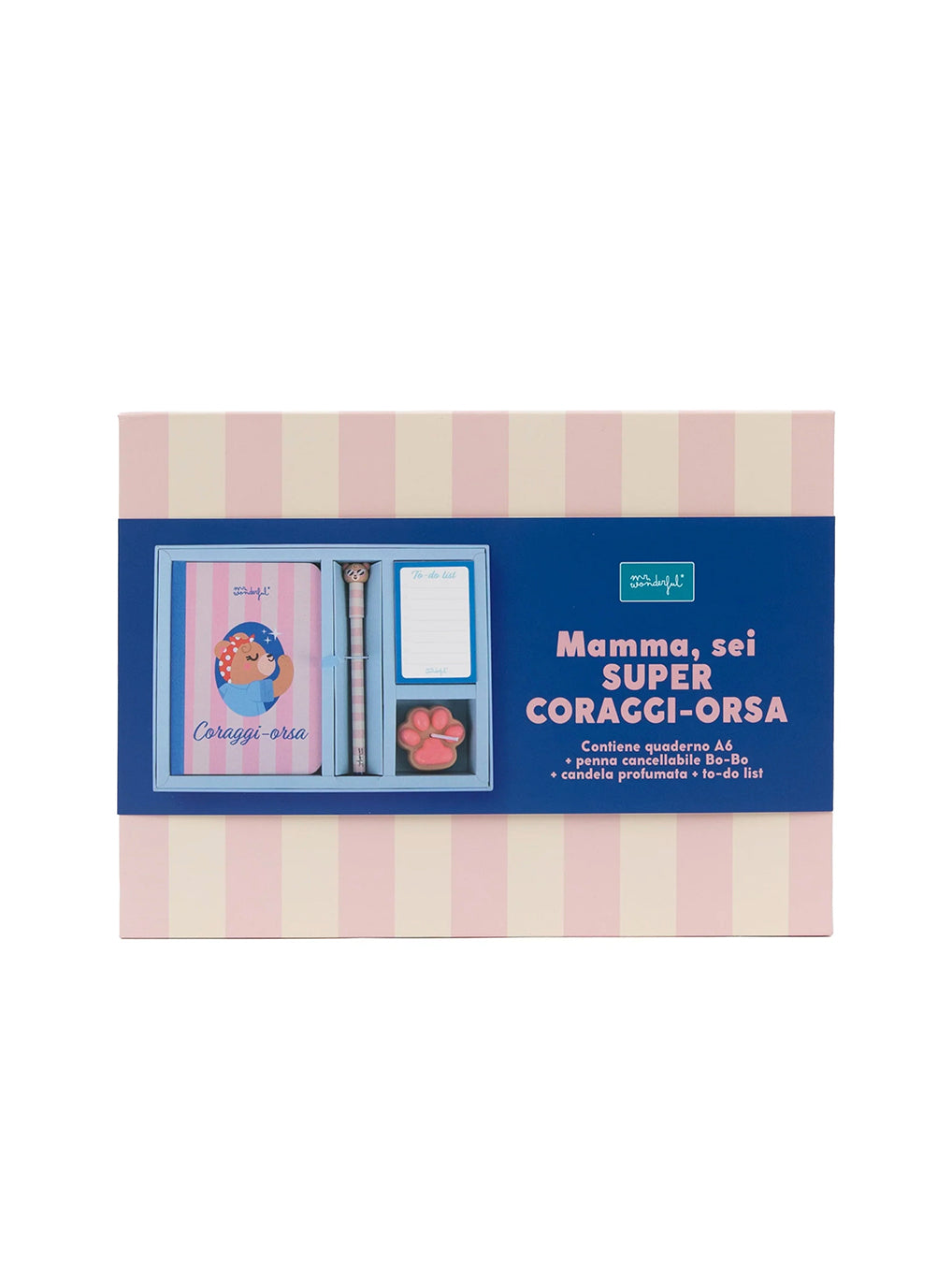 Kit Regalo Mamma “Coraggi-orsa” – Quaderno A6, Penna Cancellabile Bo-Bo, Candela Profumata e To-Do List