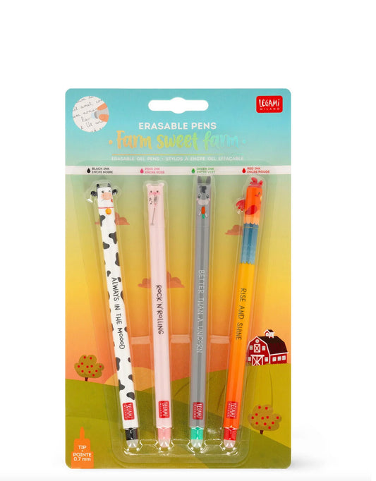 Legami Set di 4 Penne Gel Cancellabili Farm Sweet Farm - Erasable Pen
