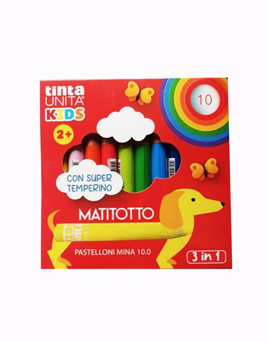 Pastelli Tinta Unita Kids - Matitotto Astuccio da 10 con Temperino | 3 in 1: Matita Colorata, Pastello a Cera e Acquarello