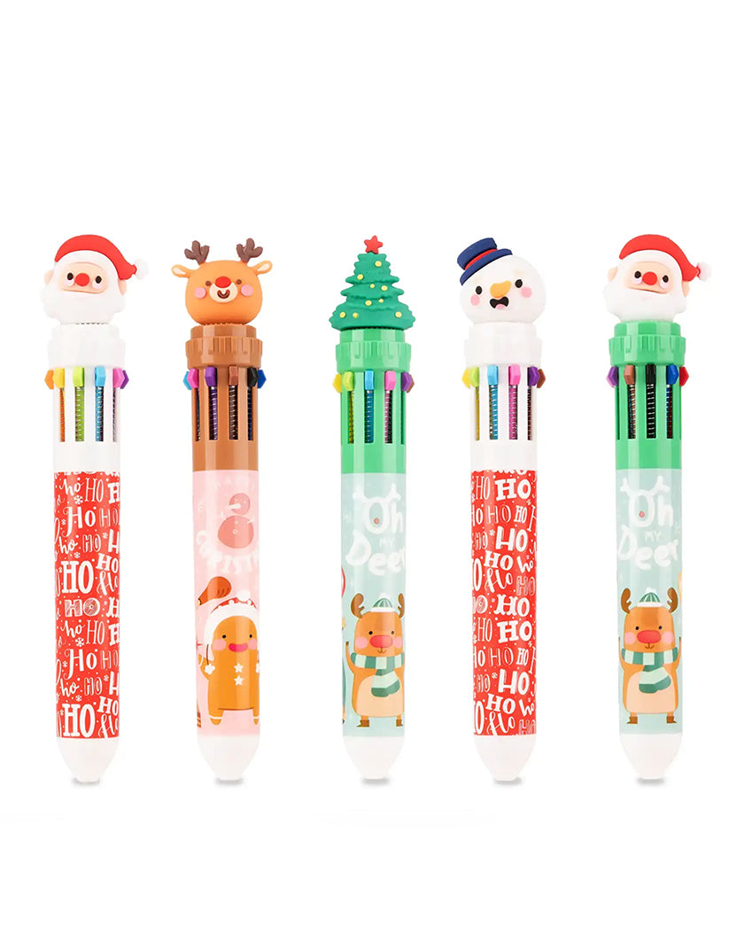 Penna a Sfera Natalizia Multicolor Colourbook - 10 Colori di Inchiostro e Topper di Natale