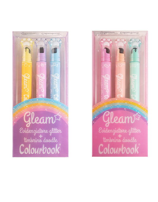 Set 3 Evidenziatori Glitterati con Timbrino - Gleam Colourbook