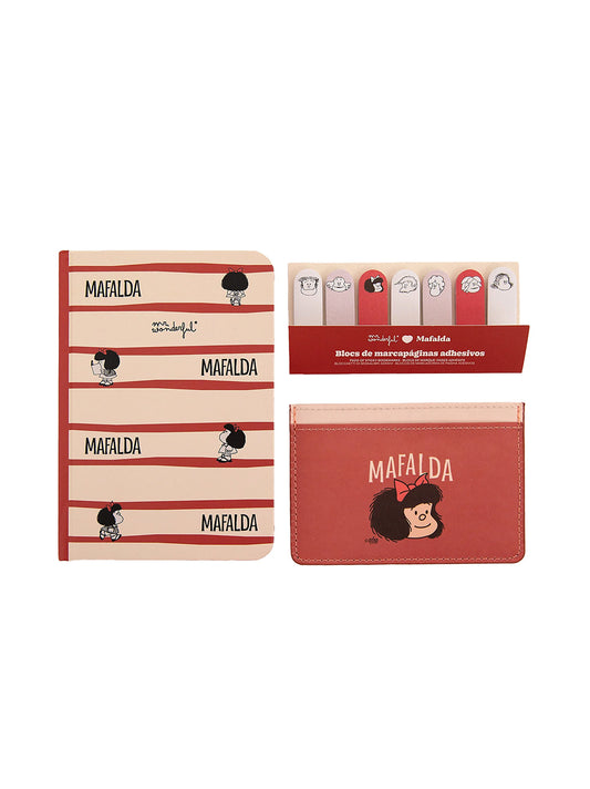 Set Mafalda Mr. Wonderful con Quaderno A6, Portacarte e Segnalibri Adesivi