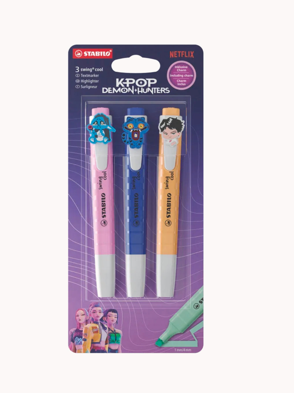 STABILO swing cool KPop Demon Hunters Saja Boys – Set di 3 evidenziatori con charm